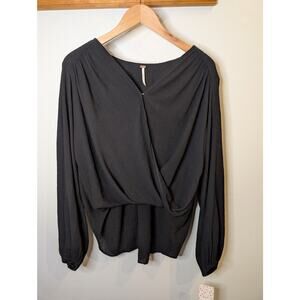 Free People Check On It Black Flowy Gathered Waist Top Boho Peasant Small NWT